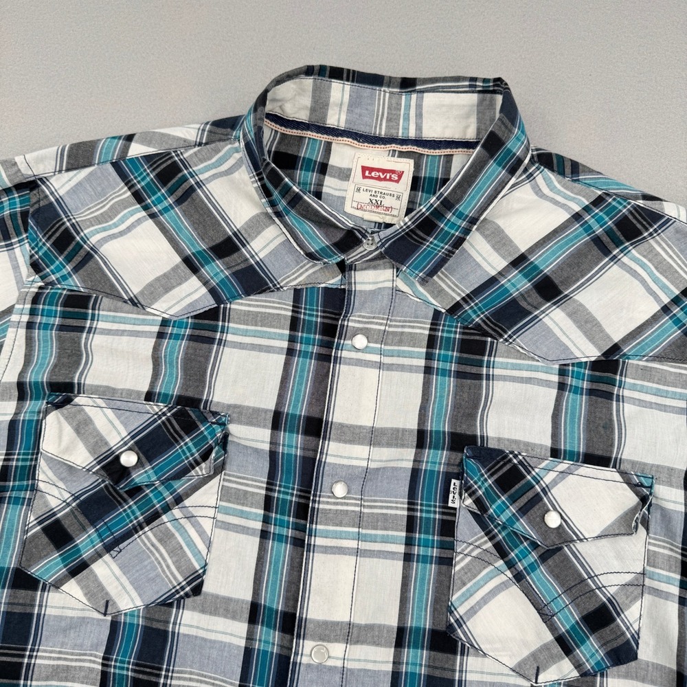 Levis Pearl Snap Mens XXL Modern Western Plaid Short Sleeve Shirt Blue/White